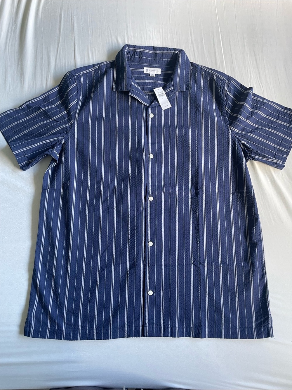 Gap Short-Sleeve Camp Shirt, Size L, Navy Stripe, NWT